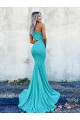 Cheap Mermaid One Shoulder Sleeveless Long Sweep Train Velvet Sequin Prom Dress
