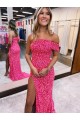Cheap One Shoulder Sleeveless Long Sweep Train Velvet Sequin Prom Dress with Side Slit