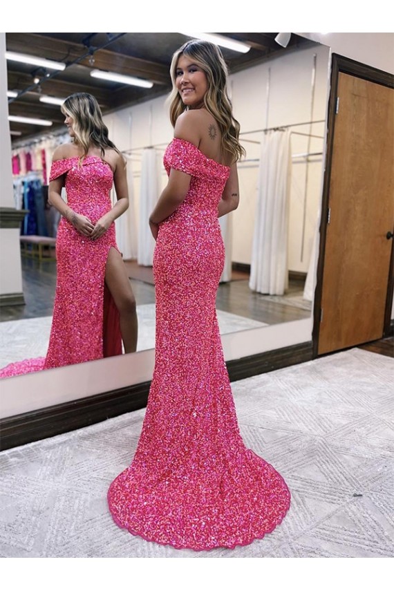 Cheap One Shoulder Sleeveless Long Sweep Train Velvet Sequin Prom Dress with Side Slit