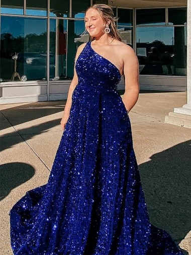 Cheap A-Line One Shoulder Sleeveless Long Sweep Train Velvet Sequin Prom Dress with Pockets