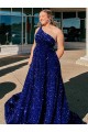 Cheap A-Line One Shoulder Sleeveless Long Sweep Train Velvet Sequin Prom Dress with Pockets