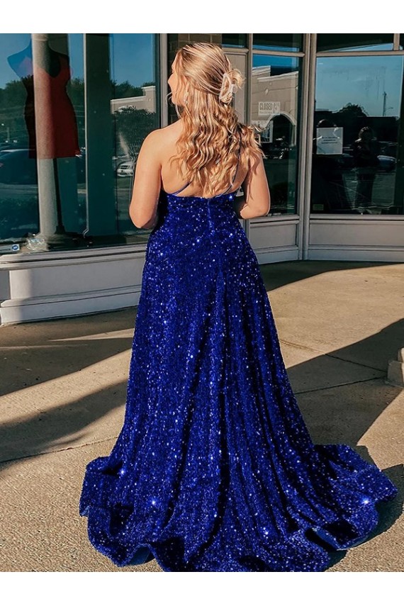 Cheap A-Line One Shoulder Sleeveless Long Sweep Train Velvet Sequin Prom Dress with Pockets