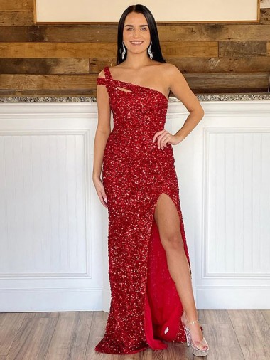Cheap One Shoulder Sleeveless Long Sweep Train Velvet Sequin Prom Dress