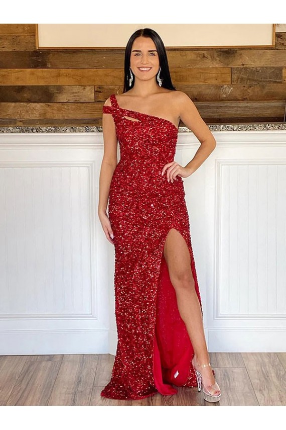 Cheap One Shoulder Sleeveless Long Sweep Train Velvet Sequin Prom Dress