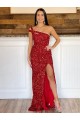 Cheap One Shoulder Sleeveless Long Sweep Train Velvet Sequin Prom Dress