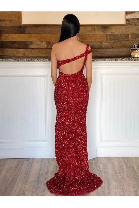 Cheap One Shoulder Sleeveless Long Sweep Train Velvet Sequin Prom Dress