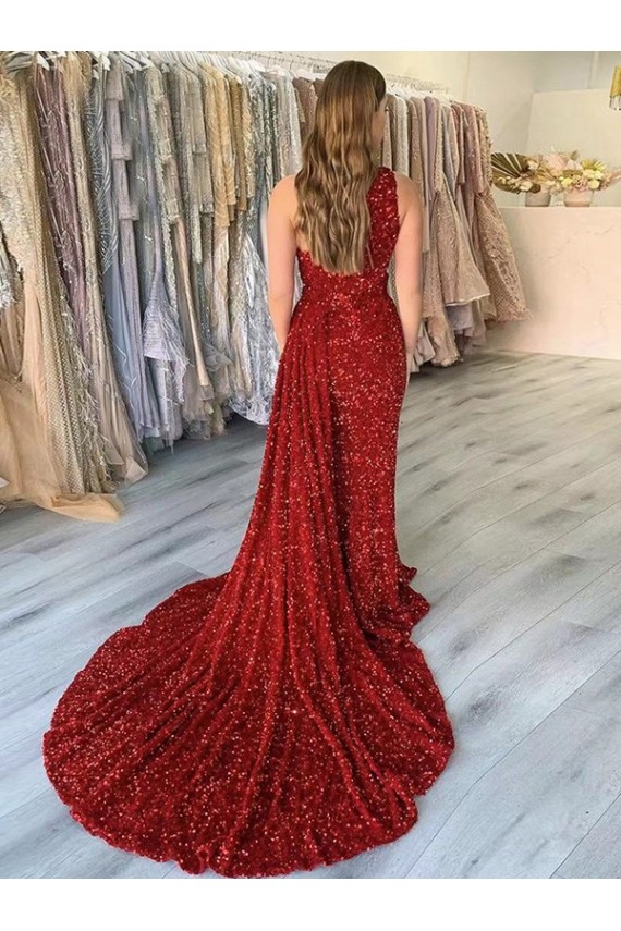 Cheap One Shoulder Sleeveless Long Court Train Velvet Sequin Prom Dress with Slit