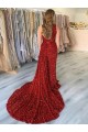 Cheap One Shoulder Sleeveless Long Court Train Velvet Sequin Prom Dress with Slit
