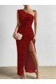 Cheap One Shoulder Sleeveless Long Floor Length Velvet Sequin Prom Dress with Slit