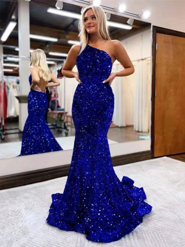 Cheap Mermaid One Shoulder Open Back Long Sweep Train Velvet Sequin Prom Dress