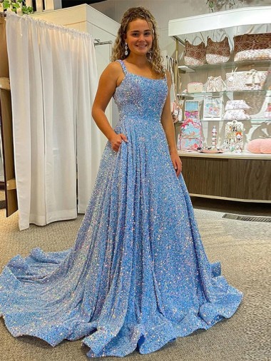 Cheap A-Line Scoop Sleeveless Long Court Train Velvet Sequin Prom Dress