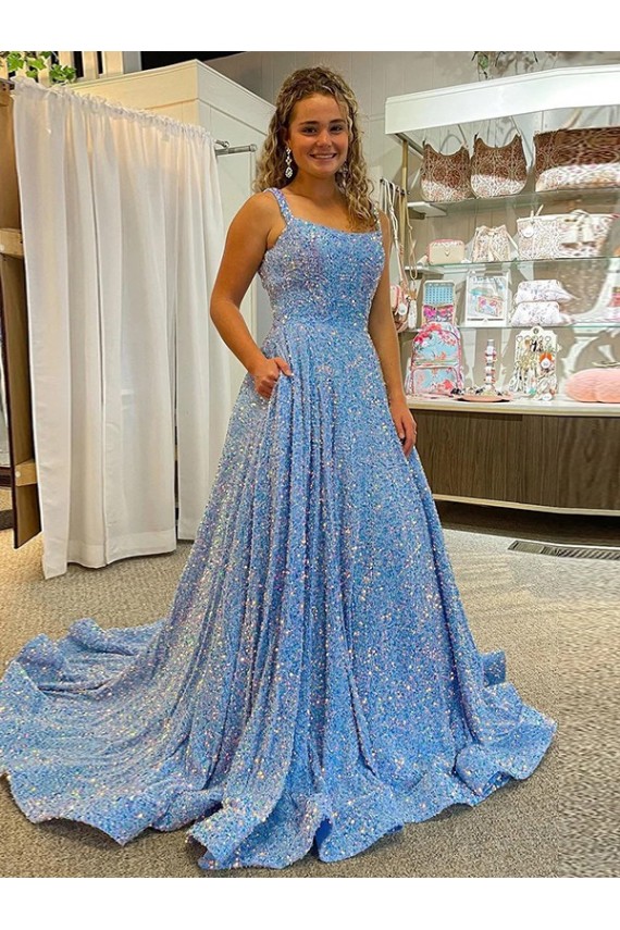 Cheap A-Line Scoop Sleeveless Long Court Train Velvet Sequin Prom Dress