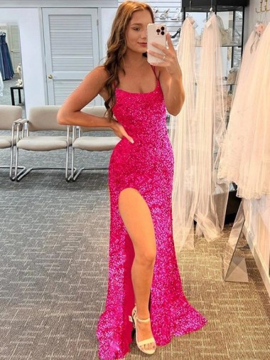 Cheap Spaghetti Straps Sleeveless Long Velvet Sequin Prom Dress with Slit and Criss Cross Open Back
