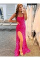 Cheap Spaghetti Straps Sleeveless Long Velvet Sequin Prom Dress with Slit and Criss Cross Open Back