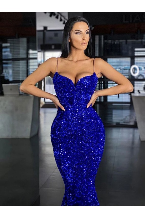 Cheap Mermaid Spaghetti Straps Sleeveless Long Sweep Train Velvet Sequin Prom Dress