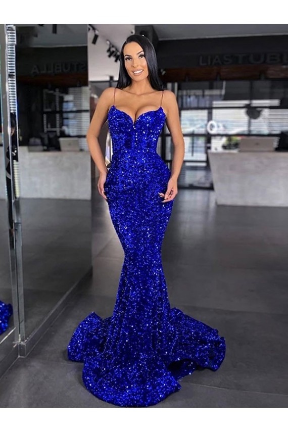 Cheap Mermaid Spaghetti Straps Sleeveless Long Sweep Train Velvet Sequin Prom Dress