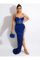 Cheap Long Sweep Train Spaghetti Straps Sleeveless Velvet Sequin Prom Dress with Slit