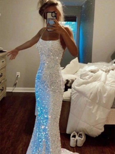 Cheap Long Spaghetti Straps Sleeveless Sweep Train Velvet Sequin Prom Dress