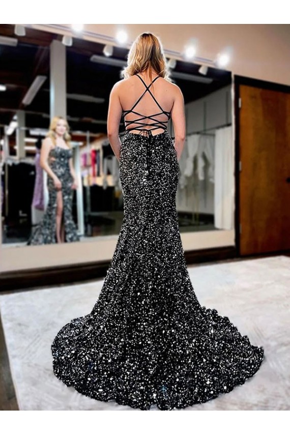 Cheap Spaghetti Straps Sleeveless Long Sweep Train Velvet Sequin Prom Dress
