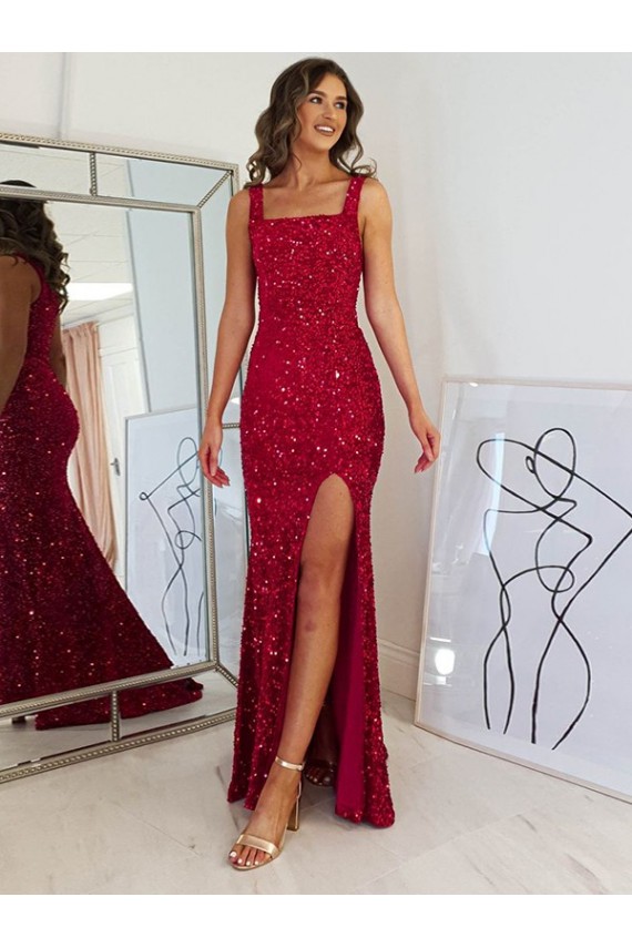 Cheap Square Neck Sleeveless Long Velvet Sequin Prom Dress with Slit
