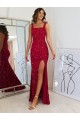 Cheap Square Neck Sleeveless Long Velvet Sequin Prom Dress with Slit