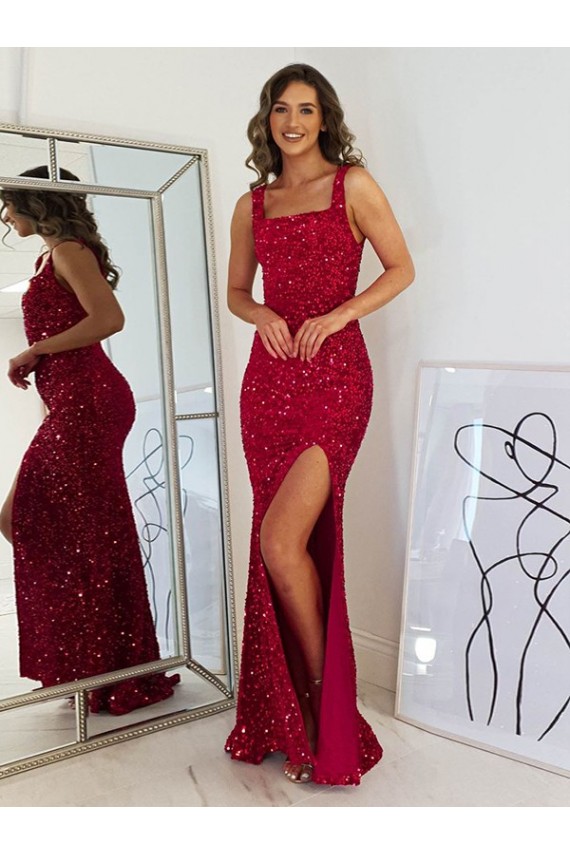 Cheap Square Neck Sleeveless Long Velvet Sequin Prom Dress with Slit