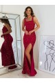 Cheap Square Neck Sleeveless Long Velvet Sequin Prom Dress with Slit
