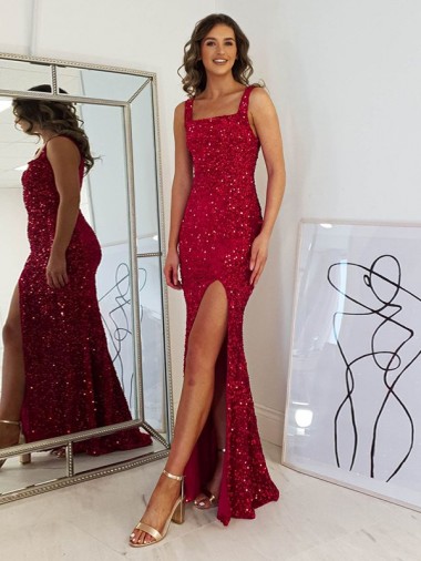 Cheap Square Neck Sleeveless Long Velvet Sequin Prom Dress with Slit