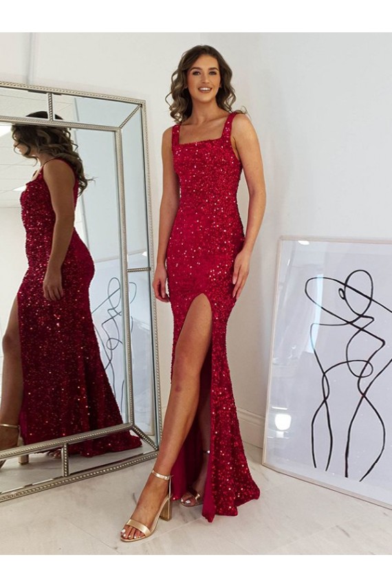 Cheap Square Neck Sleeveless Long Velvet Sequin Prom Dress with Slit