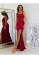 Cheap Square Neck Sleeveless Long Velvet Sequin Prom Dress with Slit