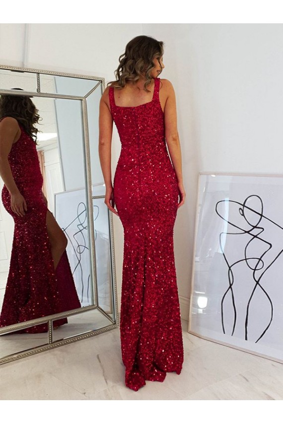 Cheap Square Neck Sleeveless Long Velvet Sequin Prom Dress with Slit