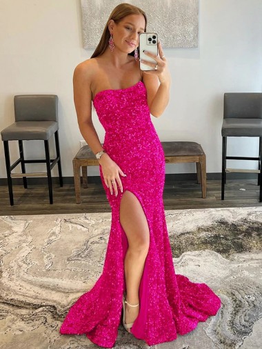 Cheap Strapless Sleeveless Long Sweep Train Velvet Sequin Prom Dress with Side Slit