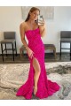 Cheap Strapless Sleeveless Long Sweep Train Velvet Sequin Prom Dress with Side Slit
