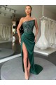 Cheap Strapless Sleeveless Long Sweep Train Velvet Sequin Prom Dress with High Side Slit