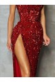 Cheap Strapless Sleeveless Long Floor Length Velvet Sequin Prom Dress High Side Slit