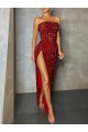 Cheap Strapless Sleeveless Long Floor Length Velvet Sequin Prom Dress High Side Slit