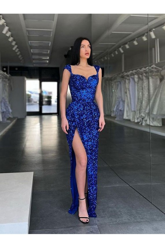 Cheap Sleeveless Long Sweep Train Velvet Sequin Prom Dress with High Slit and Straps