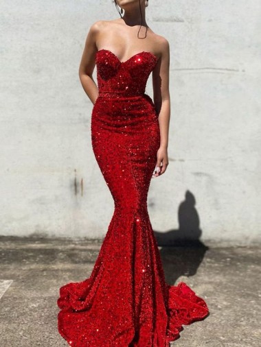 Cheap Mermaid Sweetheart Sleeveless Long Court Train Velvet Sequin Prom Dress