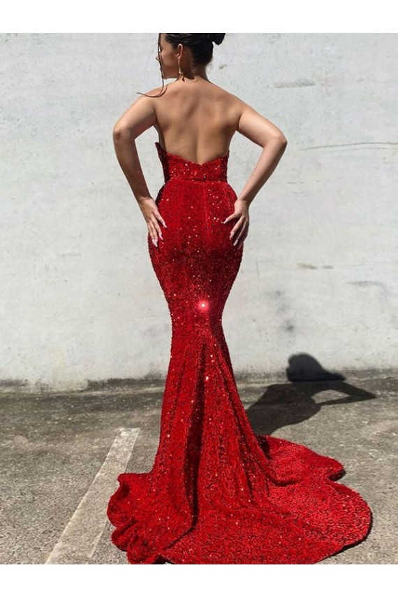 Cheap Mermaid Sweetheart Sleeveless Long Court Train Velvet Sequin Prom Dress