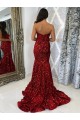 Cheap Sweetheart Sleeveless Long Court Train Velvet Sequin Prom Dress