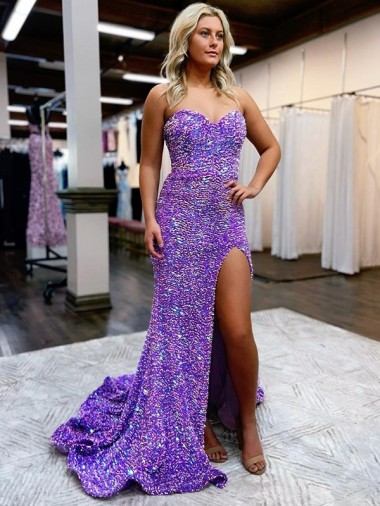 Cheap A-Line Sweetheart Sleeveless Long Velvet Sequin Prom Dress with Slit