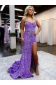 Cheap A-Line Sweetheart Sleeveless Long Velvet Sequin Prom Dress with Slit