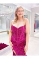 Cheap Long Sweetheart Sleeveless Sweep Train Velvet Sequin Prom Dress with Slit