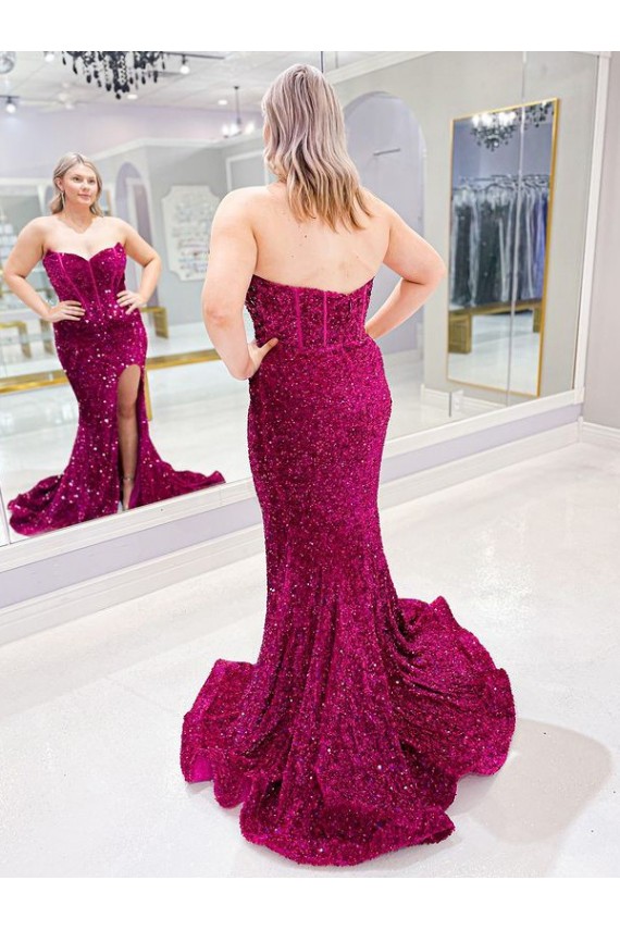 Cheap Long Sweetheart Sleeveless Sweep Train Velvet Sequin Prom Dress with Slit