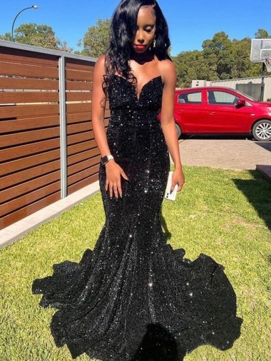 Cheap Mermaid Sweetheart Sleeveless Long Floor Length Velvet Sequin Prom Dress