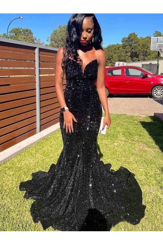 Cheap Mermaid Sweetheart Sleeveless Long Floor Length Velvet Sequin Prom Dress