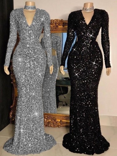 Cheap V-Neck Long Sleeves Long Sweep Train Velvet Sequin Prom Dress