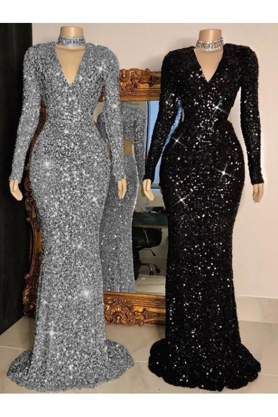 Cheap V-Neck Long Sleeves Long Sweep Train Velvet Sequin Prom Dress
