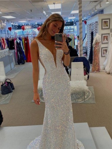 Cheap V-Neck Sleeveless Long Velvet Sequin Prom Dress with Sweep Train