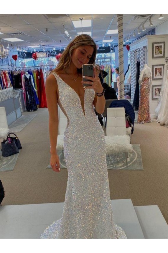 Cheap V-Neck Sleeveless Long Velvet Sequin Prom Dress with Sweep Train
